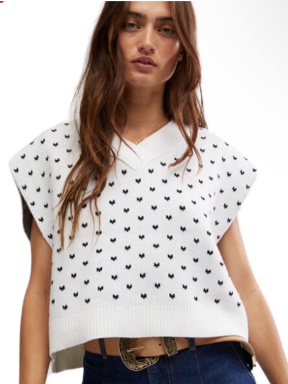 Free People ‘Easy Street’ Sweater Vest White with Black Hearts Size Medium